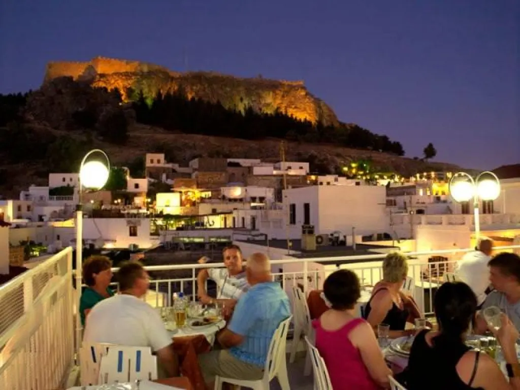 Greek cuisine in Lindos rooftop restaurant